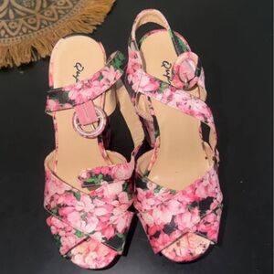 Qupid Pink Floral Slingback Sandals with Buckle Accent